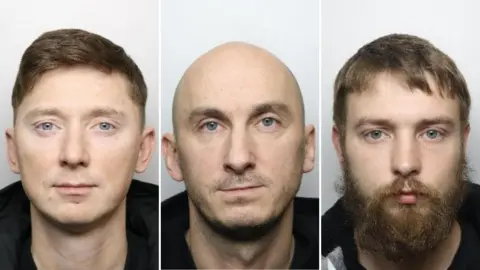 South Yorkshire Police Custody pictures of three men, shown side by side. Each man faces forward against a plain, light background. The first has short brown hair and wears a black jacket; the second is bald with stubble and wears a dark top; the third has brown hair, a full beard, and wears a two-toned garment.