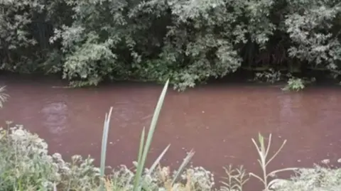 ARK Dark brown polluted water in the River Kennet