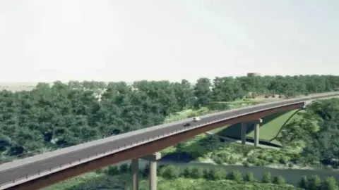 Shropshire Council An artist's impression of the North West Relief Road, which shows vehicles on a flyover section that is above a river and is flanked by woodland.