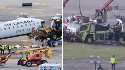 Wreckage from the Air Canada plane and port authority truck are seen.
