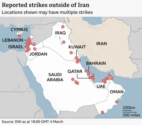 Map shows strikes reported outside of Iran in Cyprus, Lebanon, Israel, Jordan, Saudi Arabia, Qatar, Iraq, Kuwait, Bahrain, UAE, Oman