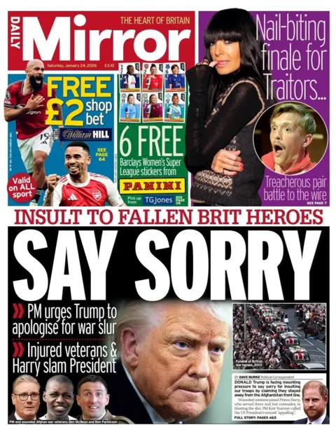 "Say sorry" reads the headline on the front page of the Daily Mirror.