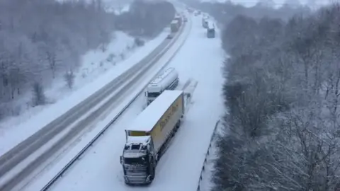 BBC Lorry stuck in snow on A46 near Lincoln