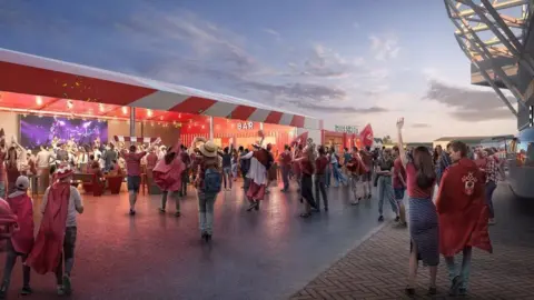 Southampton FC A CGI depiction of fans enjoying music in the new marquee outside the Northam Stand, at twilight