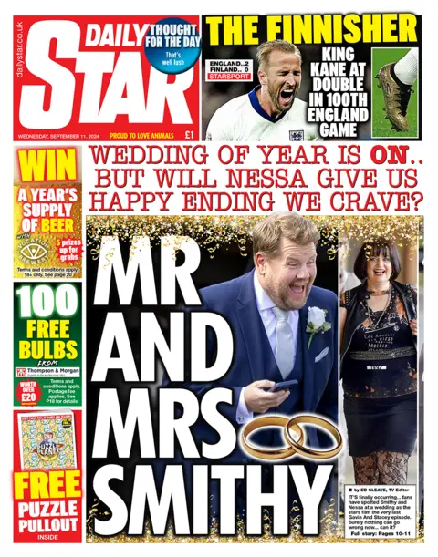 Primeira página do Daily Star com a manchete "Sr. e Sra. Smithy"