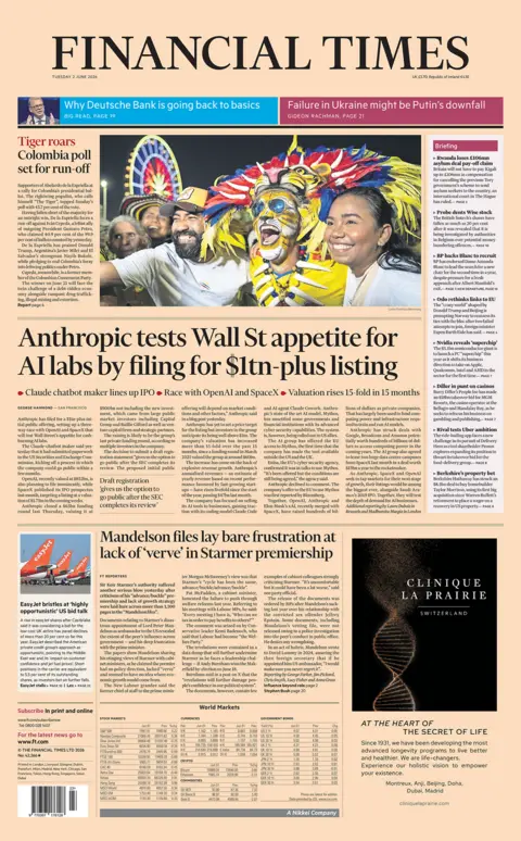 "Anthropic tests Wall St appetite for AI labs by filing for $1tn-plus listing," reads the headline on the front page of the Financial Times.