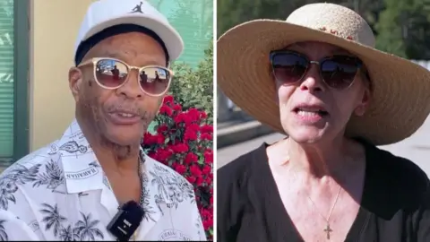 Two people are reacting to the hot weather in California.