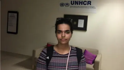 UNHCR Rahaf Mohammed Al-qunun at the UN building in Bangkok, before departing to the airport