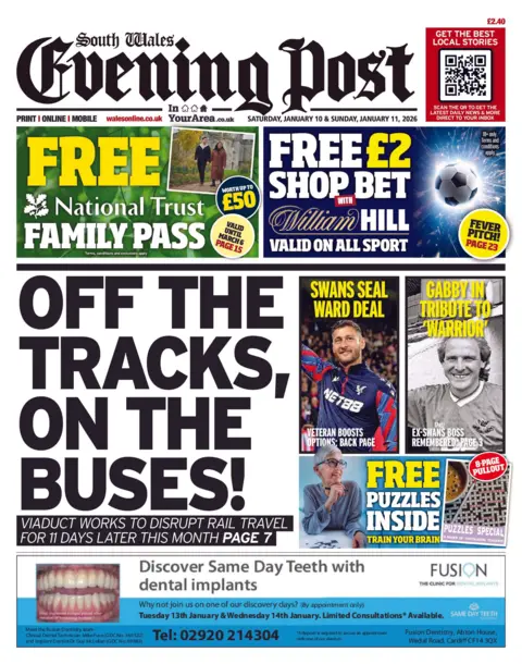 South Wales Evening Post South Wales Evening Post front page: Headline is: "Off the tracks, on the buses"