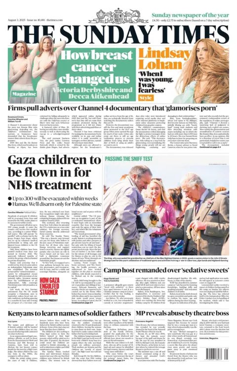 "Gaza children to be flown in for NHS treatment" reads the headline on the front page of the Sunday Times.