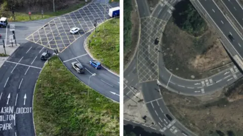 A composite image of the before and after images of the roundabout. They clearly show that the markings in lane two have changed.