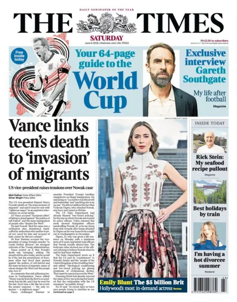 The Times' headline reads 'Vance links teen's death to 'invasion' of migrants