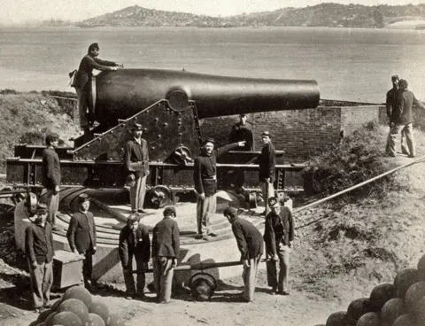 National Park Service A photo from 1869 shows soldiers on the island back when it was still a fort