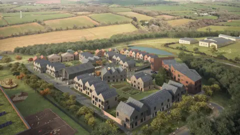 Cornwall Council A CGI image of a group of what appear to be two-storey houses of a conventional style with pitched roofs in a roughly square arrangement, with bushes and allotments surrounding them along with green fields and hedges.