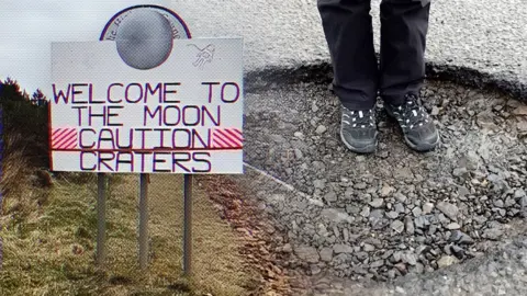 Composite image of sign and large pothole