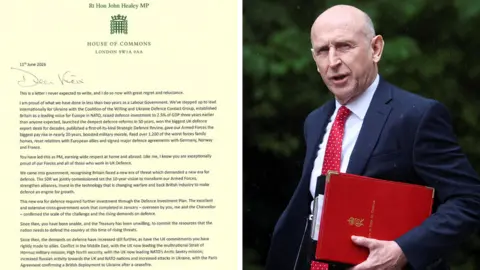 A composite of two pictures: On the left a screengrab of Healey's resignation letter. On the right, John Healey carries a red folder