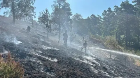The land is scorched and black after the fire. Firemen can be seen with hoses in the distance.