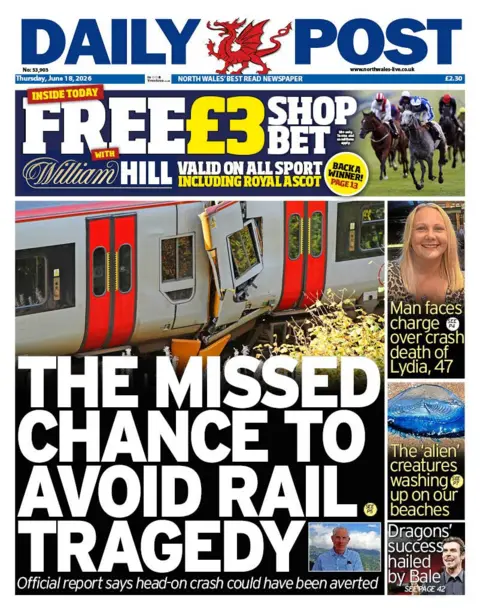Daily Post The front page of Daily Post. The main headline reads: The missed chance to avoid rail tragedy. Behind it is a photo of a crashed train. Other headlines read: Man faces charge over crash death of Lydia, 47, and 'The alien creatures washing up on our beaches'. 