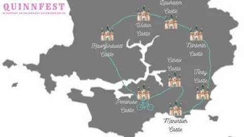 Spin for Quinn A map of the route the group will be following with small castles indicating where they will be stopping
