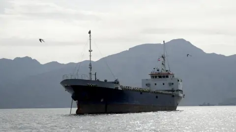 Some birds fly past a large vessel at the Strait of Hormuz, off the coast of Oman’s Musandam province, on 12 April