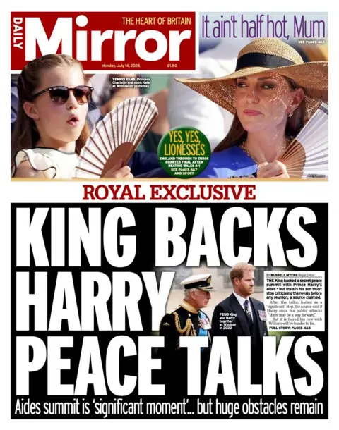The headline on the front page of the Daily Mirror reads: “King backs Harry peace talks”.