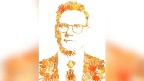 Acorns Hospice An artwork of Sir Keir Starmer - a man with short hair, glasses, a tie, shirt and suit - made out of orange handprints on a white background.
