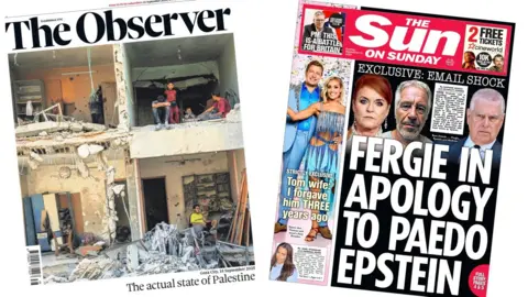 A composite image of the front pages of the Observer and the Sun on 21 September 2025