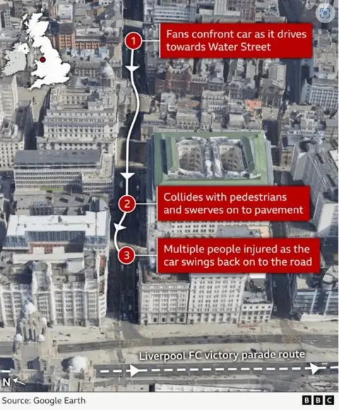 A map showing the route of the Liverpool trophy parade and where pedestrians were hit on Water Street
