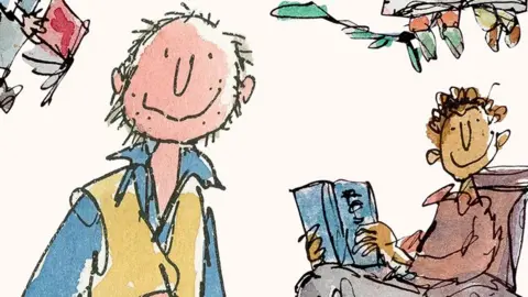 Illustrations by Quentin Blake showing including a self-portrait of the artist with grey hair, a blue shirt and yellow waistcoat, and a woman wearing a maroon dress and sitting in a wheelchair