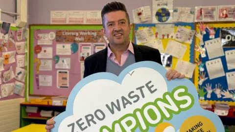 George Gillespie - a man wearing a pink and white stripped collared shirt, a grey vest and a black coat holds up a large, colourful 'Zero Waste Champions' sign to the camera as he stands in the middle of the classroom.