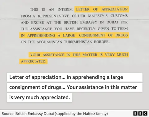 An extract from a 'letter of appreciation' from the British Embassy in Dubai, thanking Hafeez for his assistance in "apprehending a large consignment of drugs" by sharing intelligence
