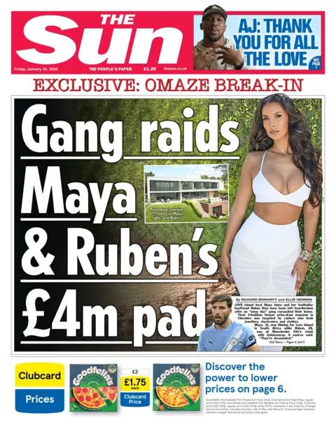 “Gang raids Maya & Ruben's £4m pad”.