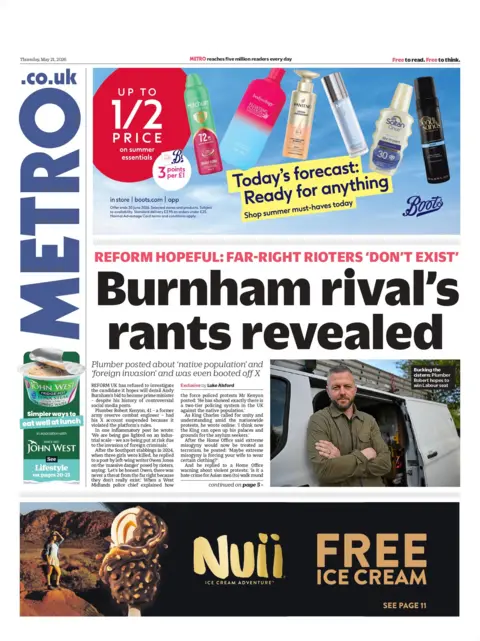 "Burnham rival's rants revealed," reads the headline on the front page of the Metro.
