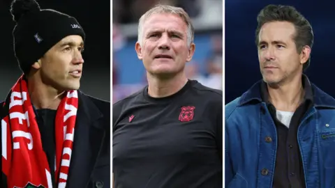 (Left to right) Wrexham co-owner Rob Mac, manager Phil Parkinson and co-owner Ryan Reynolds