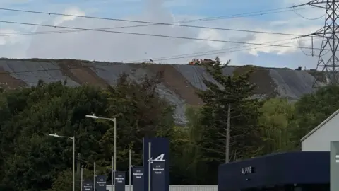 A pile of rubbish towers above some trees and lampposts. A truck sits on top on the distance