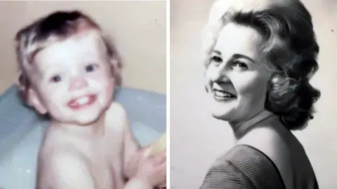 Andrew is grinning and looking up into the camera as he sits in a bath full of bubbles. Renee poses, smiling, in a black and white photograph. She is looking off into the distance.