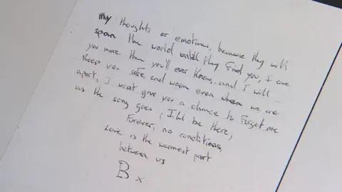 A picture of a letter sent by Brian Furneaux to Lauren which was used in his trial as evidence of grooming