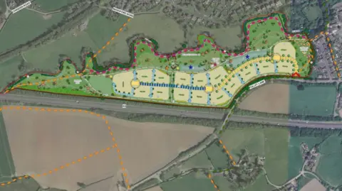 Shropshire Council A plan of a green area with roads and houses visible and a section highlighted in bright colours