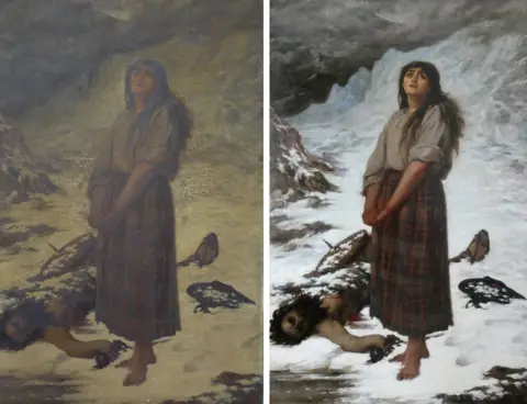 Egan, Matthews & Rose, 2025 The painting shows a woman, stricken by grief, standing barefoot in snow at the foot of a mountain. Next to her lies a man's body, partially covered in snow. The image on the right is brighter than the one on the left.