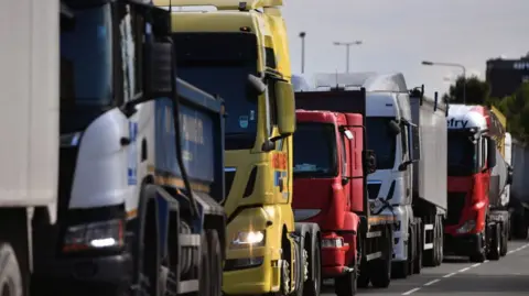 Queues of lorries on a road