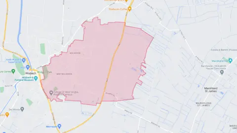 Anglian Water/Google A map showing areas impacted by the water issue in Wisbech