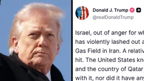 Composite image showing a face of Donald Trump on the left, and part of his Truth social post on the left