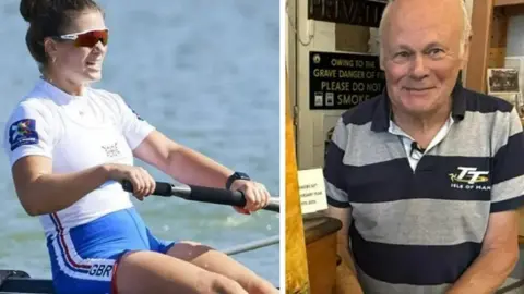 Frankie Allen (L) in rowing gear and rowing. She has her hair up in a ponytail and is on water. Peter Boyd-Smith (R) stood in his shop wearing a black and grey polo shirt with white hair and is smiling. 