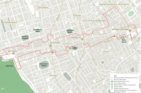City Hall Map with red lines outlining area along Oxford Street which may be pedestrianised with Soho, Marylebone and Mayfair either side plus Hyde Park inthe bottom left