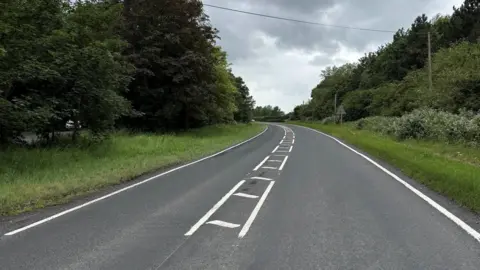Lincolnshire Road Safety Partnership A tree-lined road with white lines in the centre and to the sides. It is an overcast day.