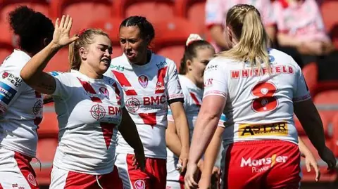 Shona Hoyle (second left) celebrates her try for St Helens against York Valkyrie