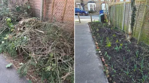 A side-by-side comparison showing a messy pile of overgrown branches and garden waste on the left, and the same narrow space transformed into a neat, cleared soil border with young green plants on the right.