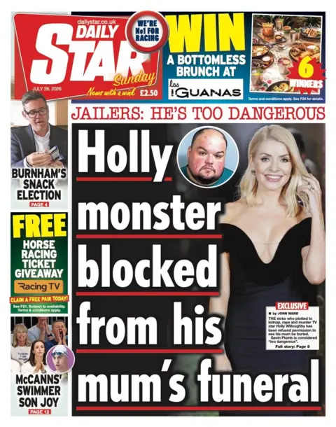 The headline on the front page of the Daily Star reads: "Holly monster blocked from his mum's funeral."