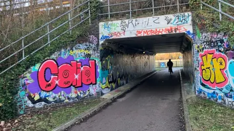 A cycle path is going under a bridge which has a road running across it. The tunnel has graffiti on it and a cyclist is coming towards the camera.