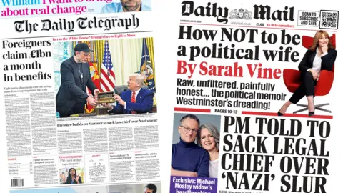The front page of the Telegraph headlines on Donald Trump and Elon Musk, with a picture of the two in the Oval Office. A headline beside reads: Foreigners claim £1bn a month in benefits and The Daily Mail headlines read: How not to be a political wife by Sarah Vine. And below, there's a headline that reads: PM told to sack legal chief over 'Nazi' slur. 